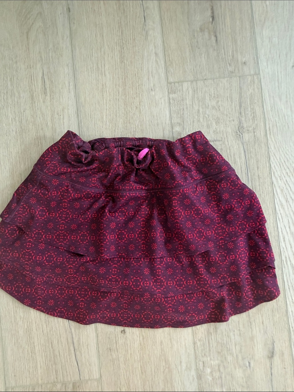 Athleta Burgundy and Red Patterned Tiered Mini Skirt